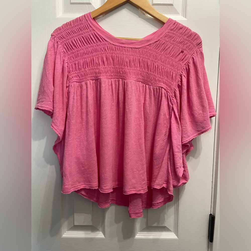 Free People Smocked Flutter Sleeve Top Pink Size Small? Cotton Linen READ